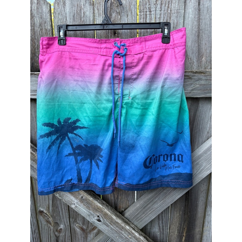 Corona Extra Mens Swim Trunks Large Pink Blue Ombre Palm Tree Board Shorts